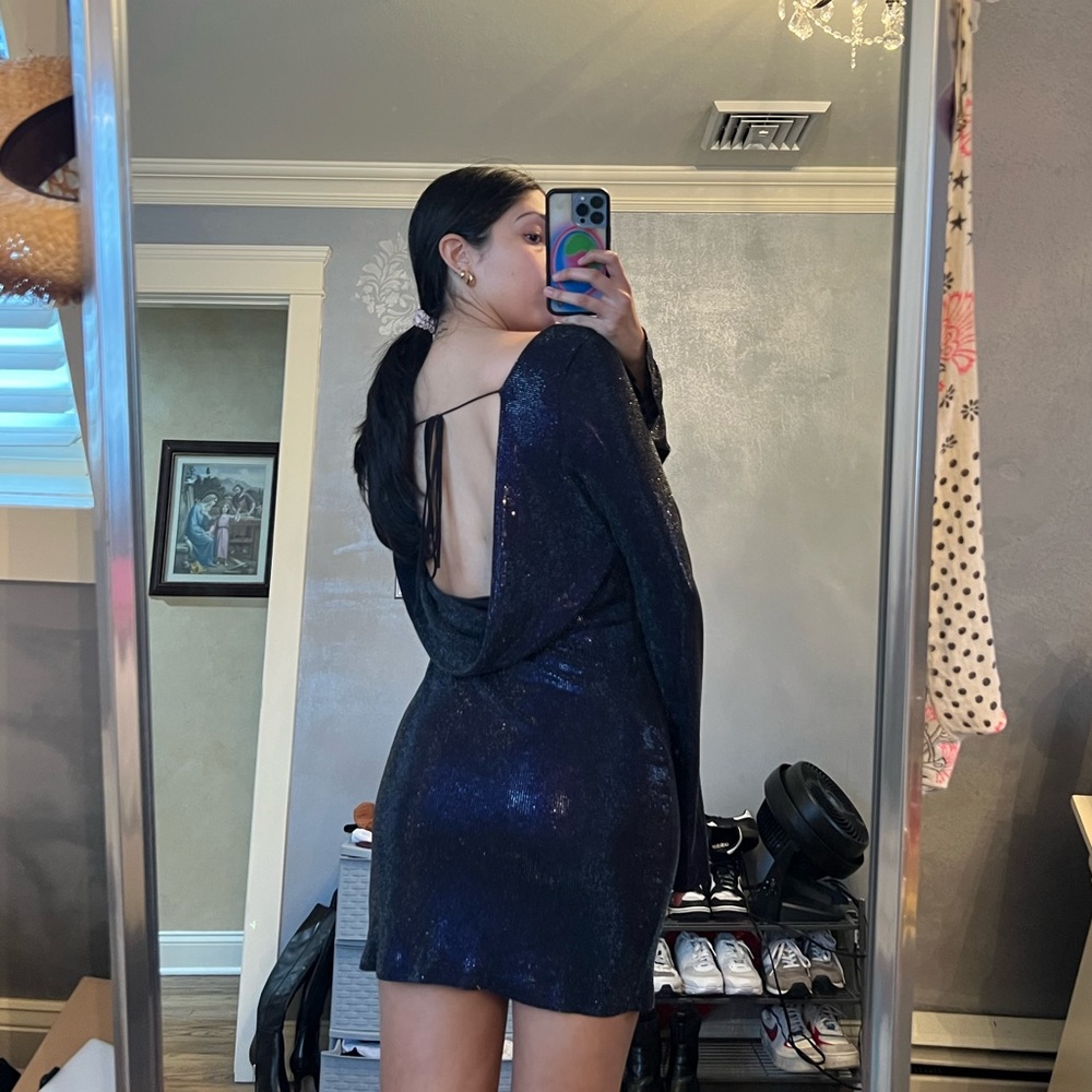 Zara Sparkly open back dress navy blue